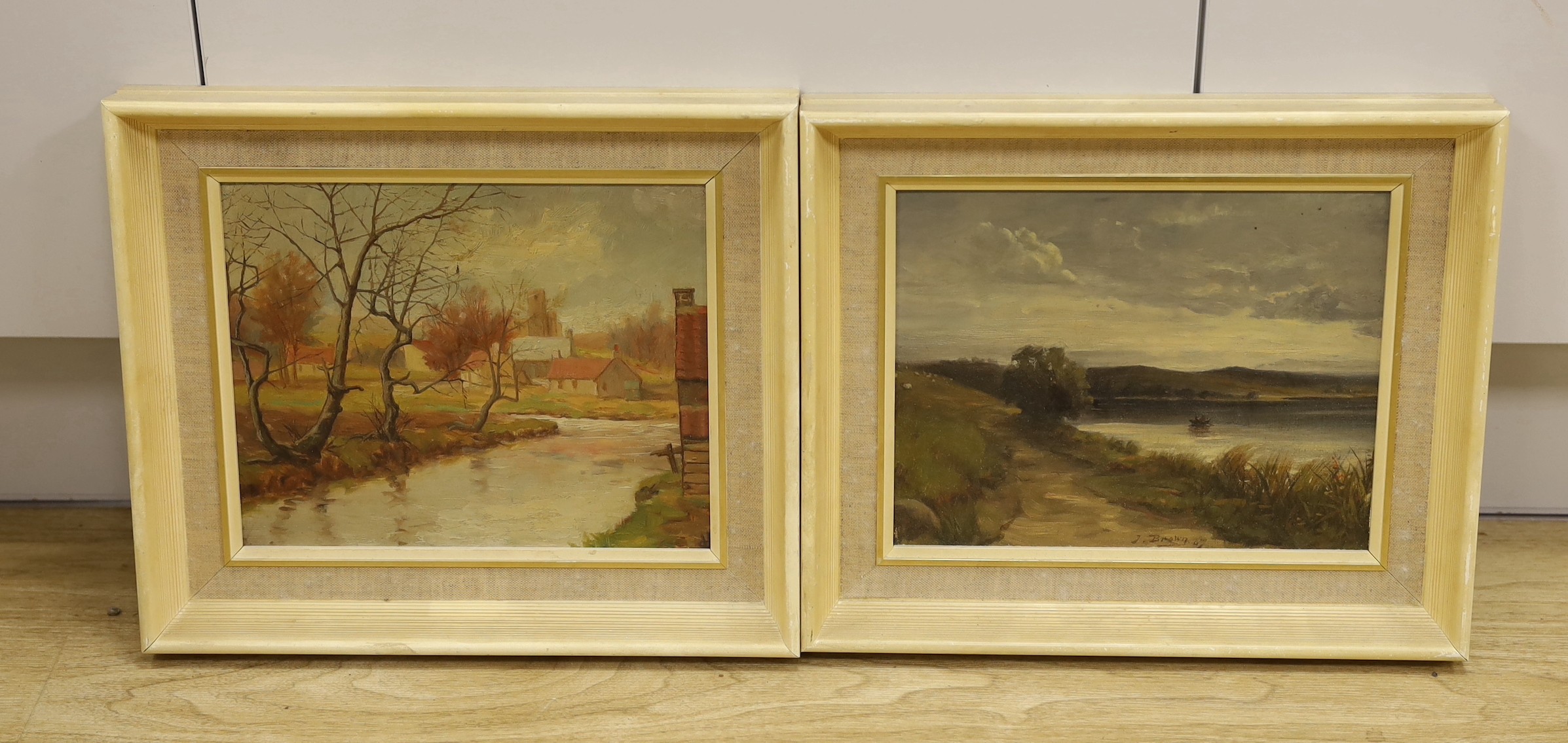 English School, late 20th century, two oil on boards, a river scene and a stream, one monogrammed and the other signed, both 20 x 25cm
